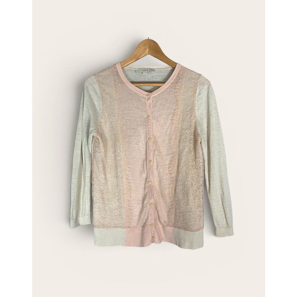 Loft Lace Front Cardigan Light Pink and Beige, Size Medium, Coquette, Romantic